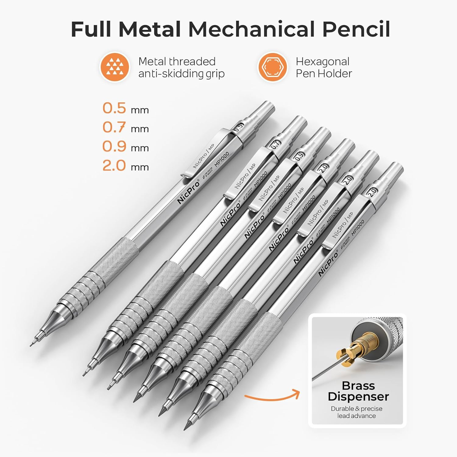 35PCS Silver Metal Mechanical Pencils Set in Case, Art Drafting Pencil 0.5, 0.7,
