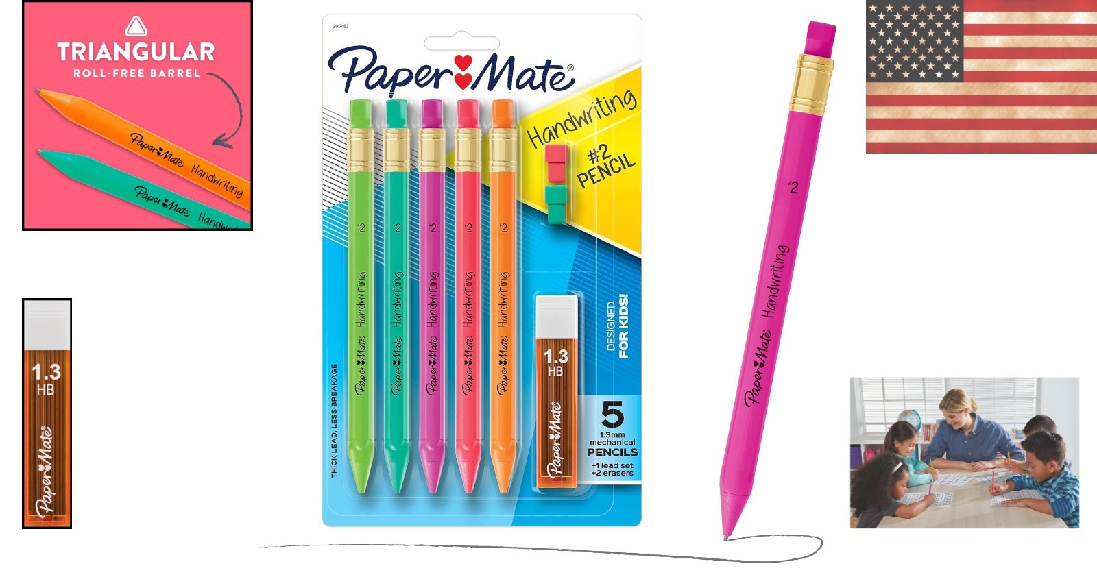 Triangular Mechanical Pencils for Kids – 5 Count, 1.3mm Thick Lead & Erasers