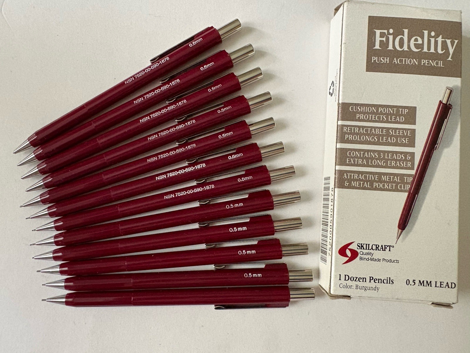 Box Unused 12 Fidelity SKILCRAFT BURGUNDY Mechanical Pencils 0.5 mm Push Action