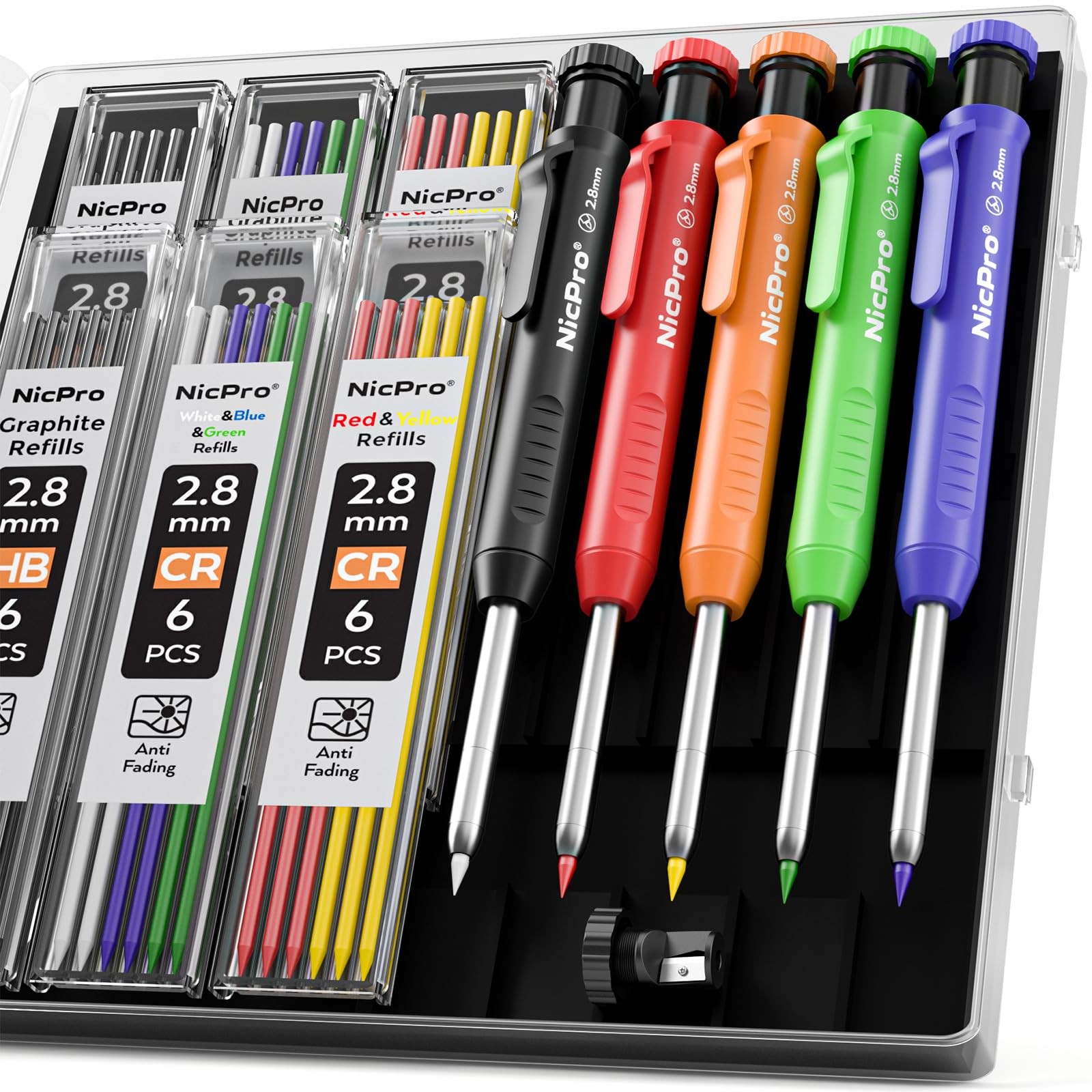 Nicpro 5 Pack Carpenter Pencil with 5 Pack, Red, Black, Yellow, Green, Blue