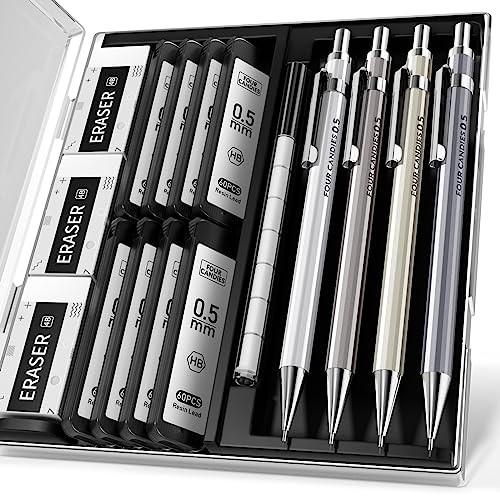 0.5mm Mechanical Pencil Set with Case – 4PCS Metal Mechanical Pencils, 8 0.5MM