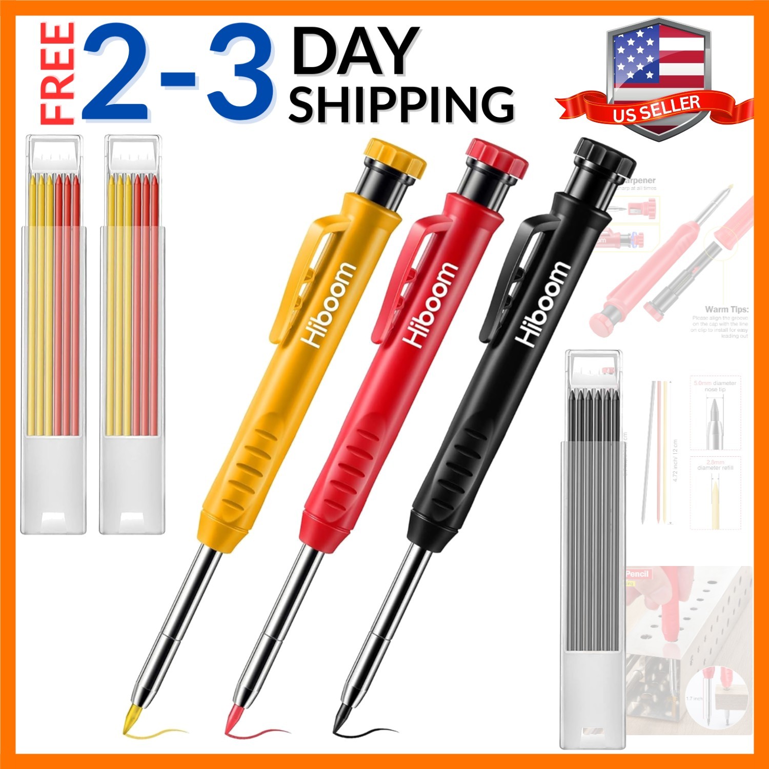 3 Pack Solid Carpenter Pencil with 21 Refill, Long Nosed Deep Hole Mechanical…