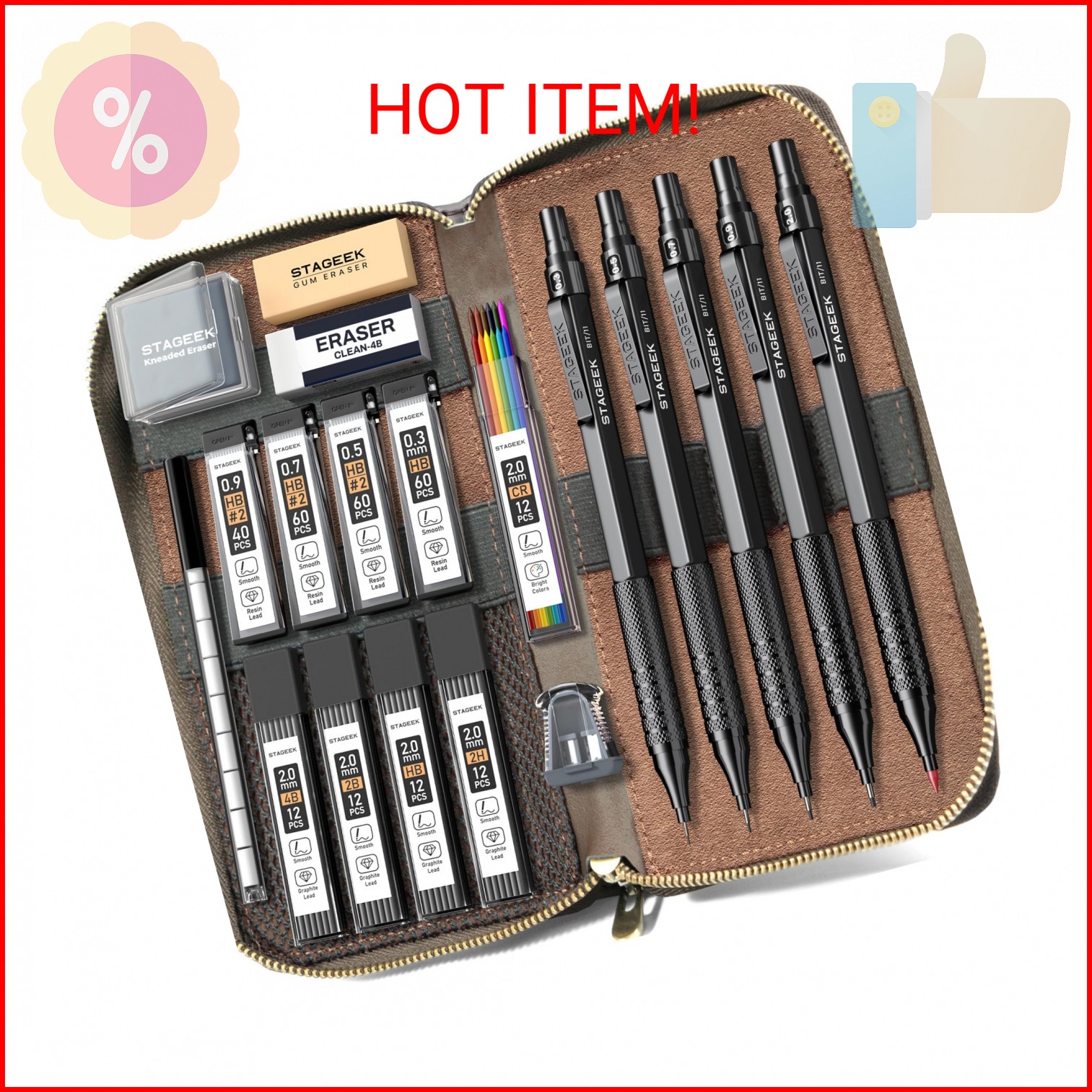 STAGEEK Metal Mechanical Pencil Set in Leather Case, 5PCS Art Drafting Pencil 0.
