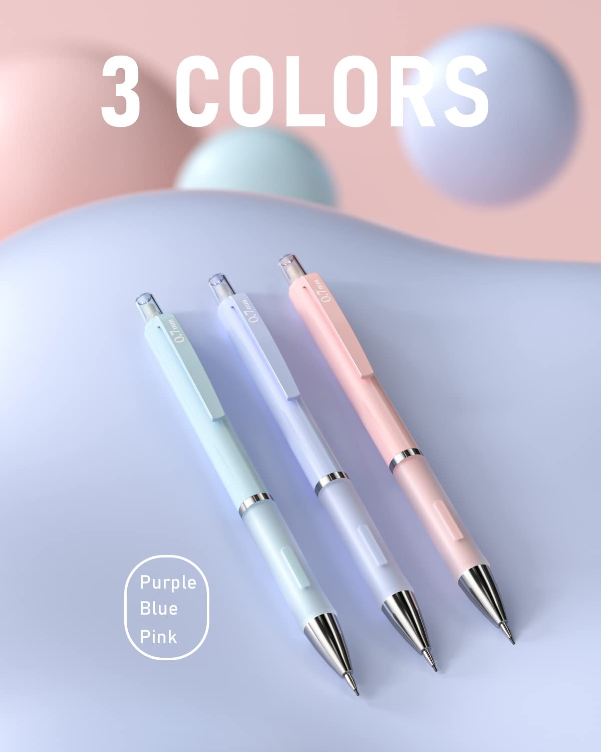 Nicpro 3PCS Cute Mechanical Pencil Set with Case, 0.7 0.7, Blue, Pink, Purple