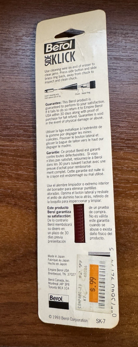 Berol Automatic Pencil Side Klick Vintage 1993 – 1 Pencil Maroon Barrel 0.7 mm