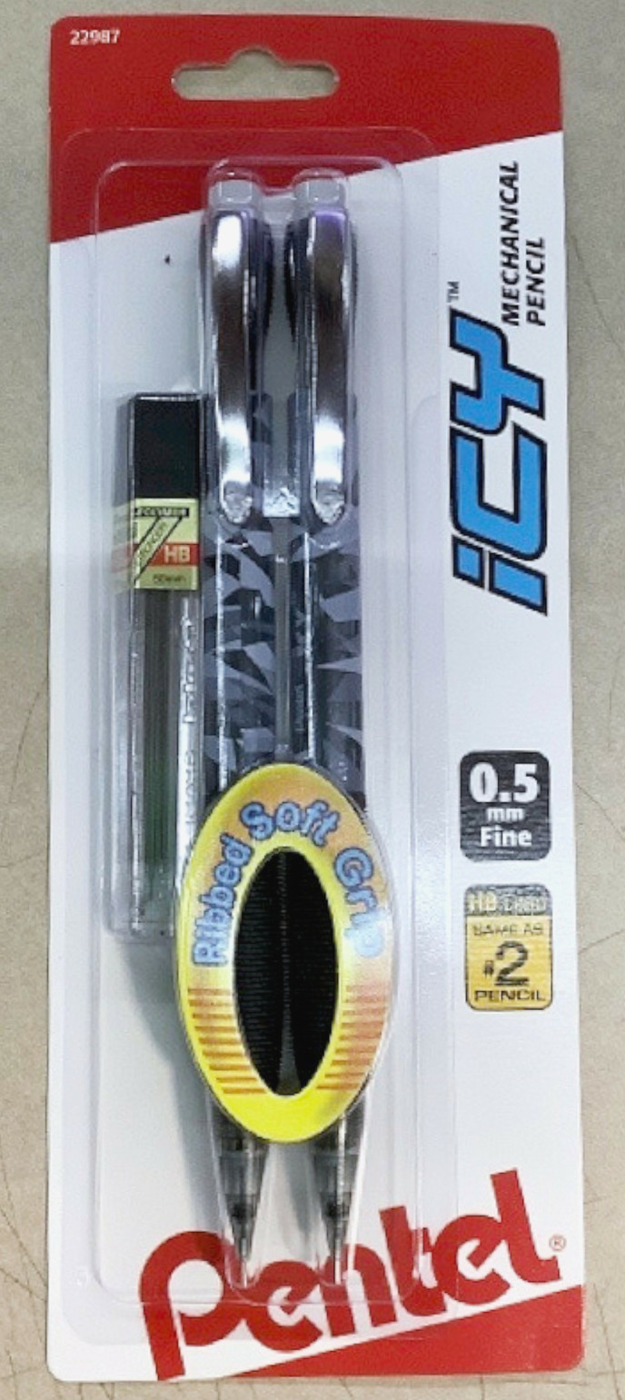 NEW Pentel Icy 2-Pack 0.5mm Fine Mechanical Pencils Black Grey Barrels AL25TLBP2