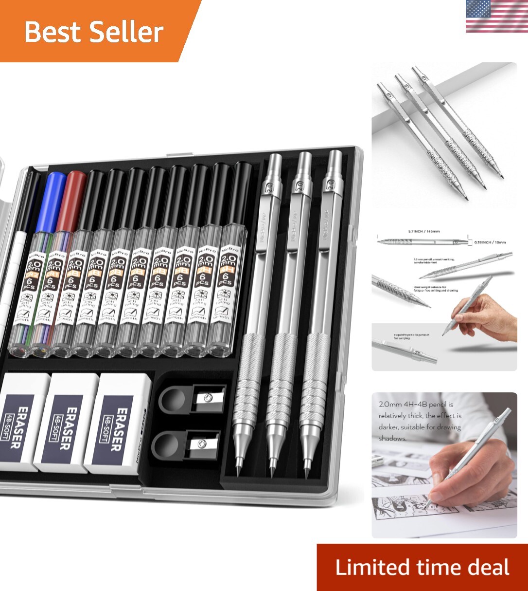 Durable Metal Mechanical Pencil Set for Artists with 10 Refill Leads & Case