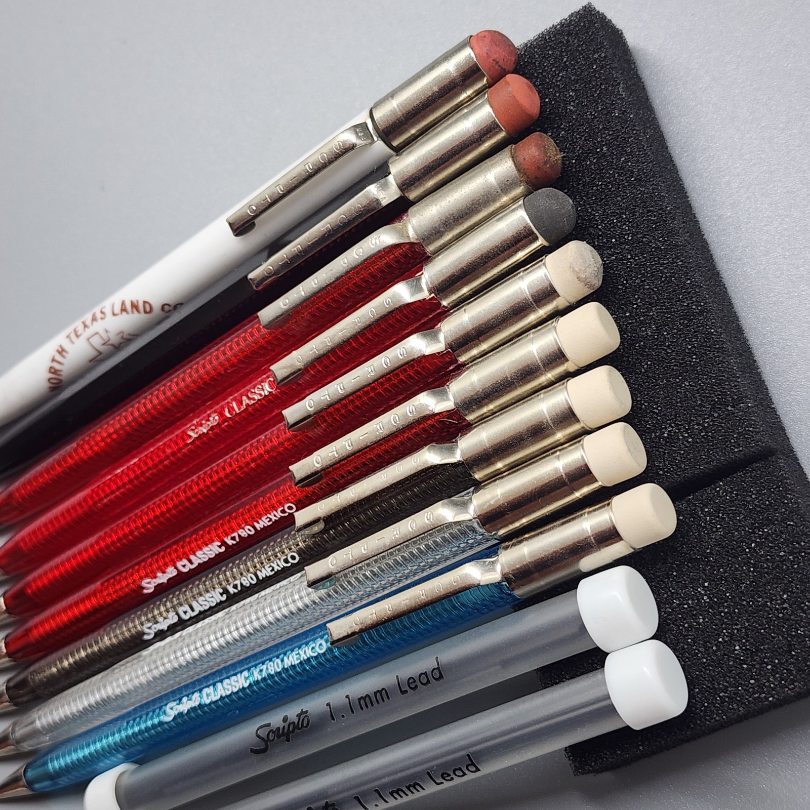 9 Vintage SCRIPTO Classic Mechanical Pencils Translucent Red Blue Smoke + Lead