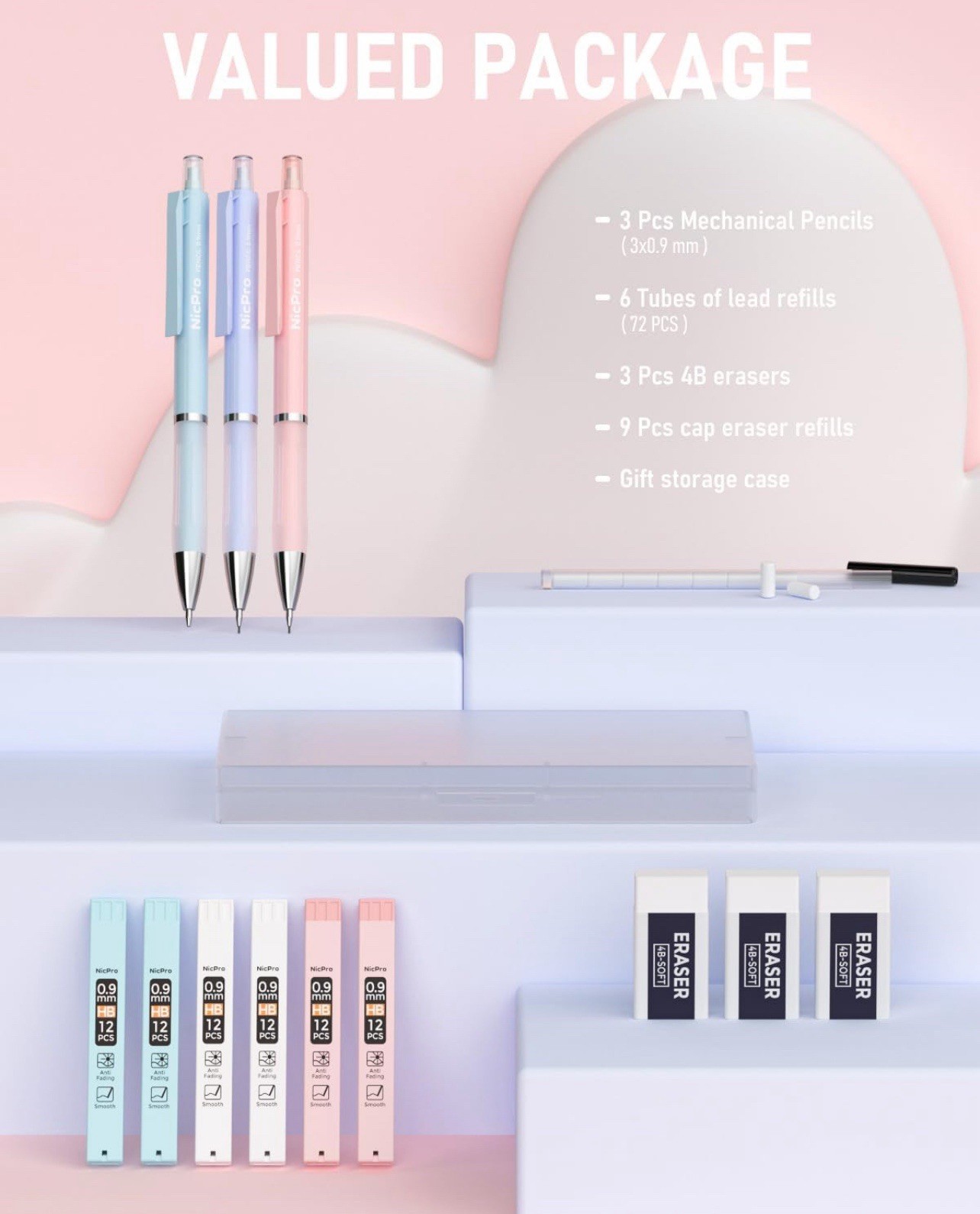 3PCS Pastel Mechanical Pencil Set, 0.9mm Mechanical Pencil with 6 Tubes Lead