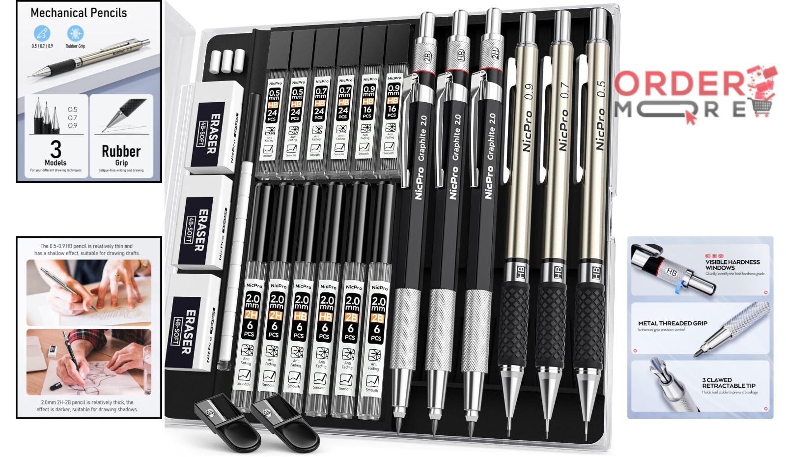 6PCS Metal Mechanical Pencil Set 0.5mm 0.7mm 2mm Ergonomic Writing Drawing