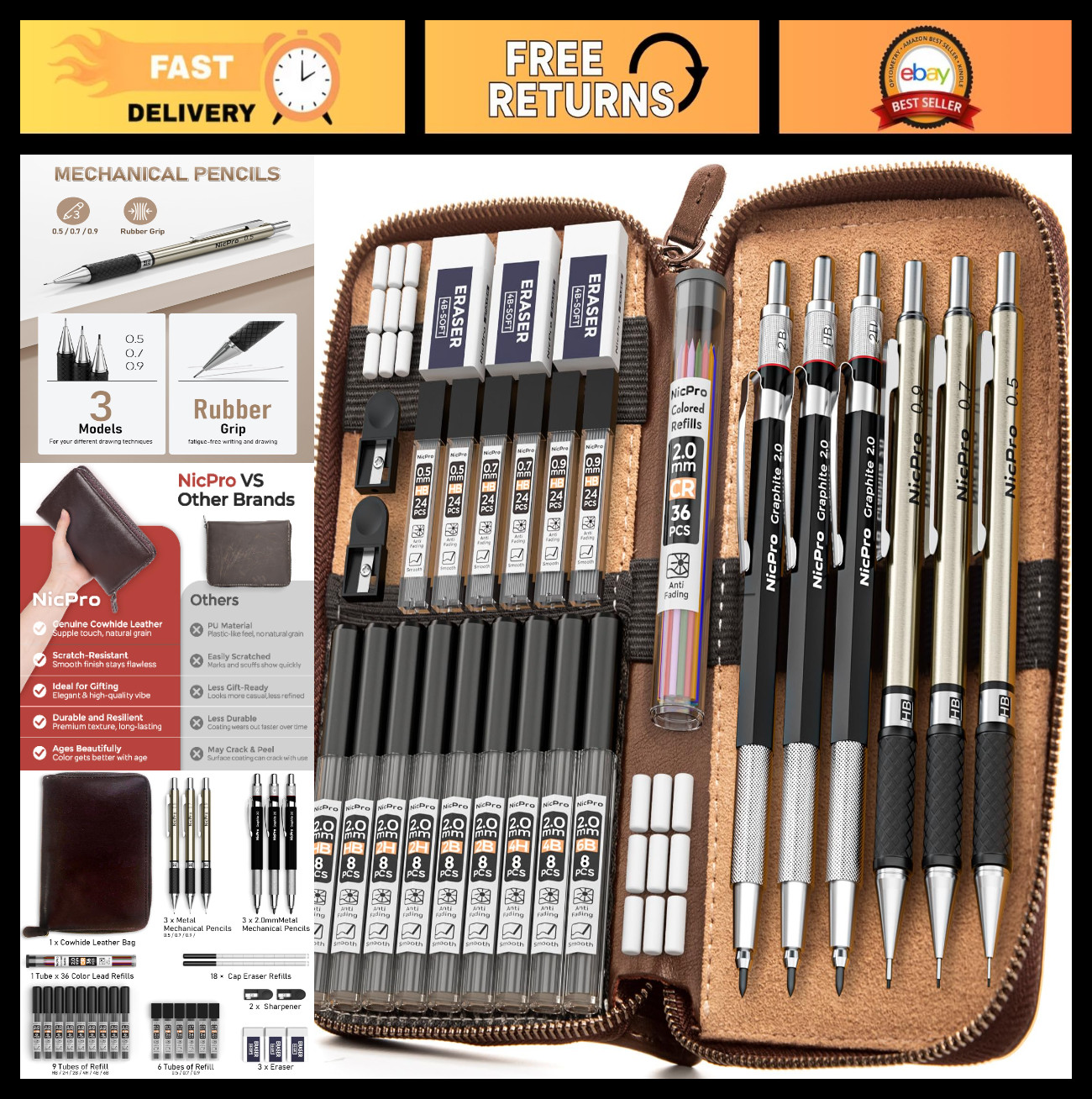 30PCS Mechanical Pencil Set with Leather Case, 0.5mm/0.7mm/0.9mm Drafting Pencil