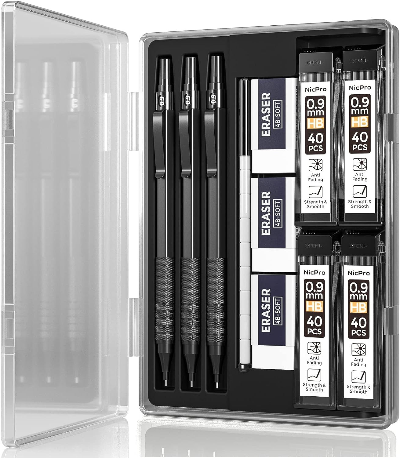 Nicpro Metal 0.9 mm Mechanical Pencils Set with Case 3PCS Black 0.9mm Drafting
