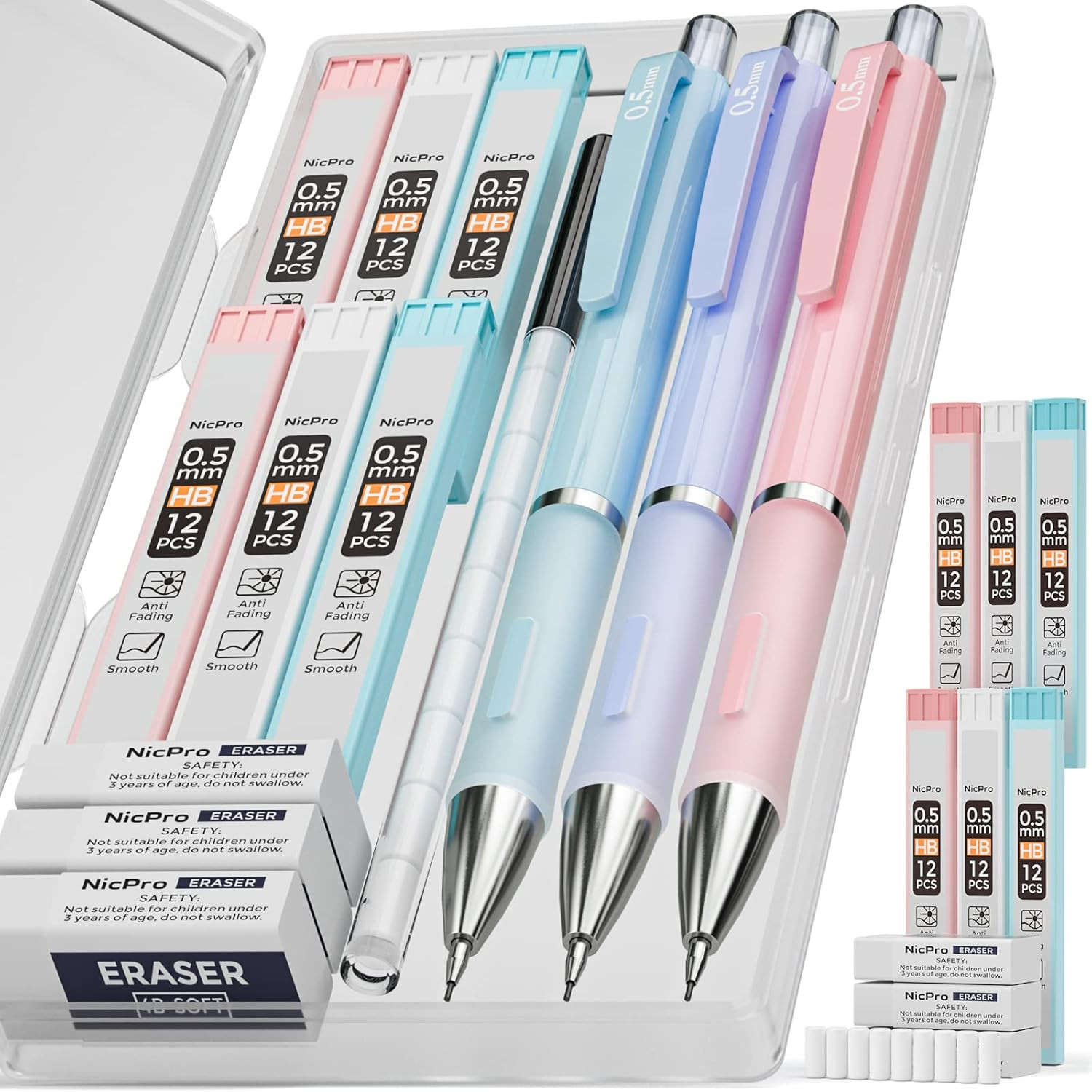 3PCS Pastel Mechanical Pencil Set, 0.5 Mechanical Pencils with 6 Tube HB Lead 0.