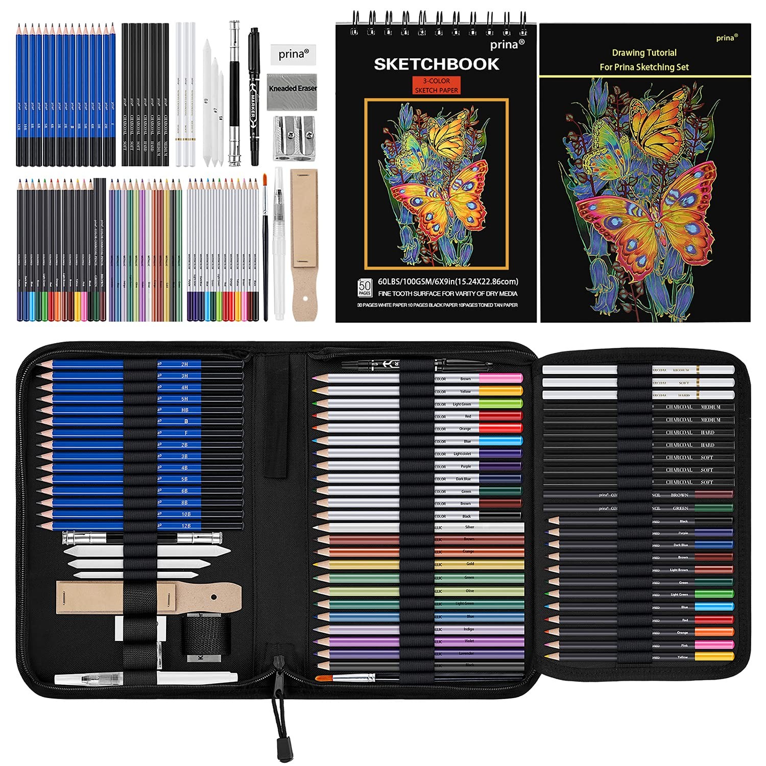 Prina 76 Pack Drawing Set Sketching Kit, Pro Art Supplies with Multicolor