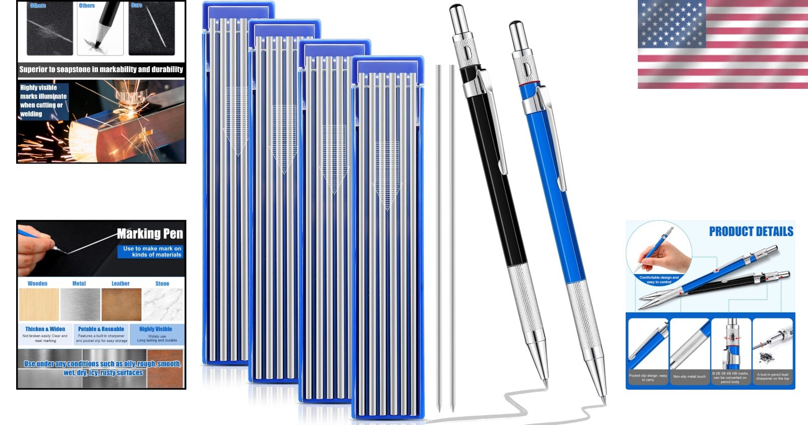 2 Pcs Welders Pencil Set with 48 Refillable Round Graphite Markers – Silver