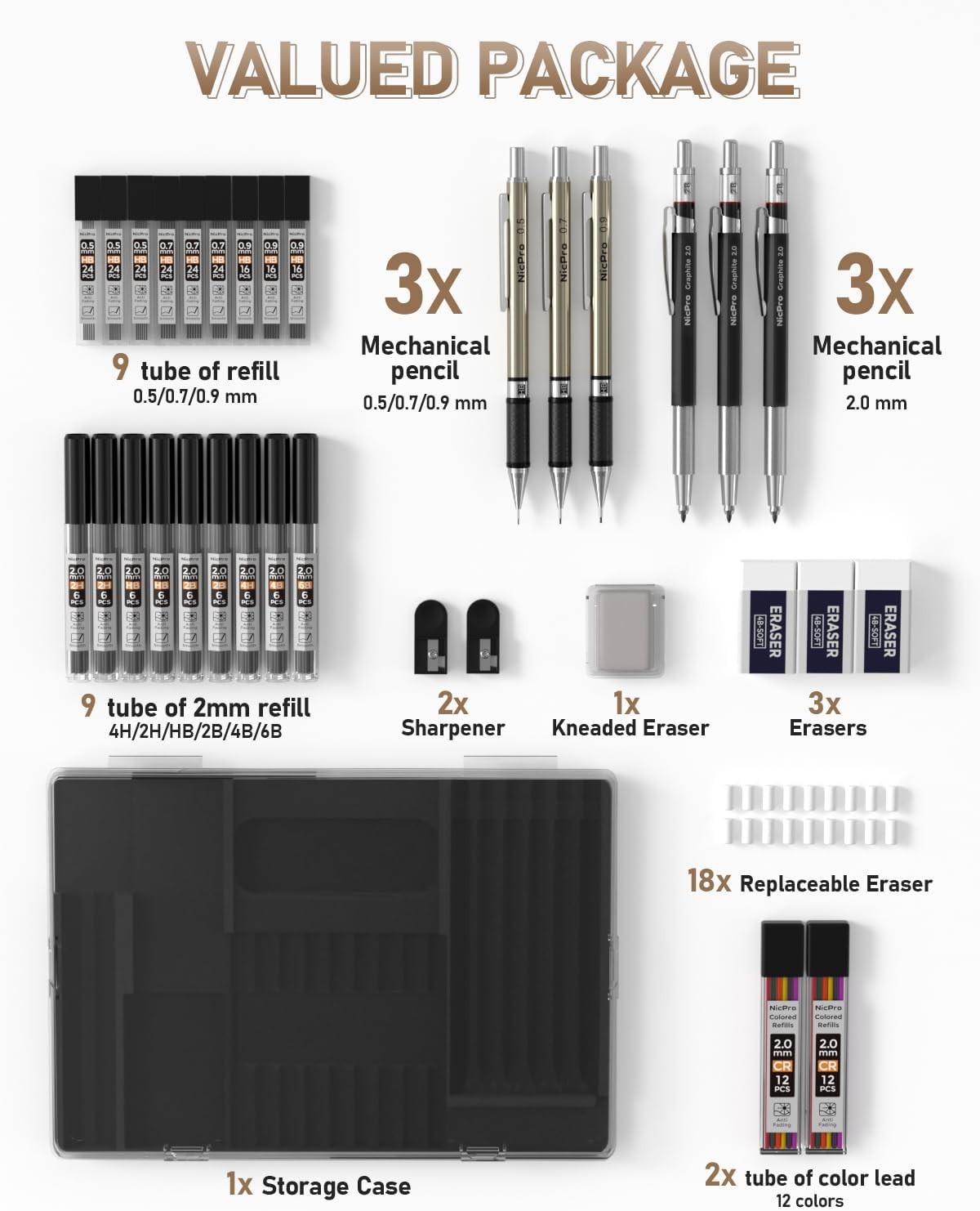 35-Piece Mechanical Pencil Set 0.5/0.7/0.9mm 2mm Lead Holder Sketching Drawing w