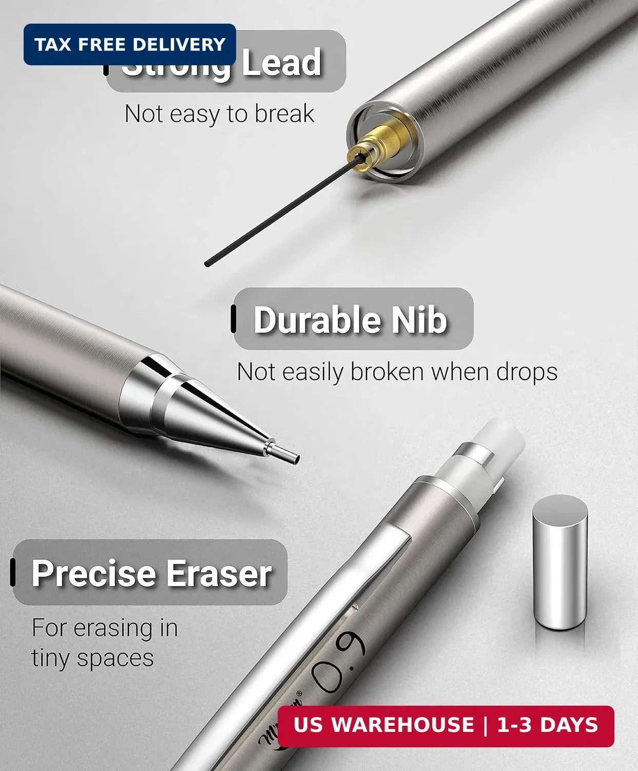 Mr. Pen- Metal Mechanical Pencil Set with Lead Refills & Erasers, 2 Pack, 0.9mm,