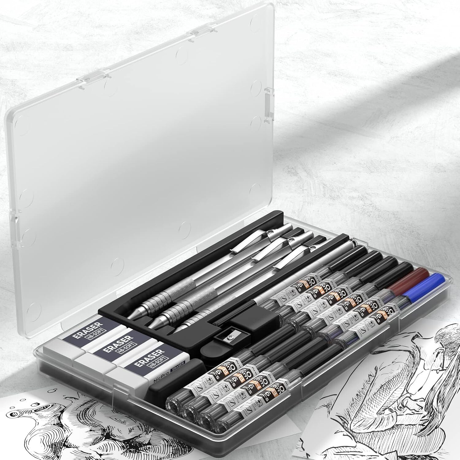 Durable Metal Mechanical Pencil Set for Artists with 10 Refill Leads & Case