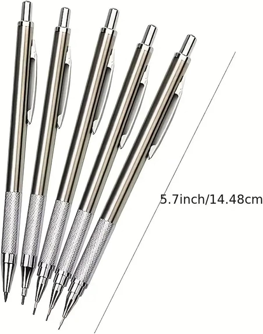 Silver Metal Mechanical Pencil Set, 2 Pencils + 2 Lead Refills + 2 Erasers, Mult