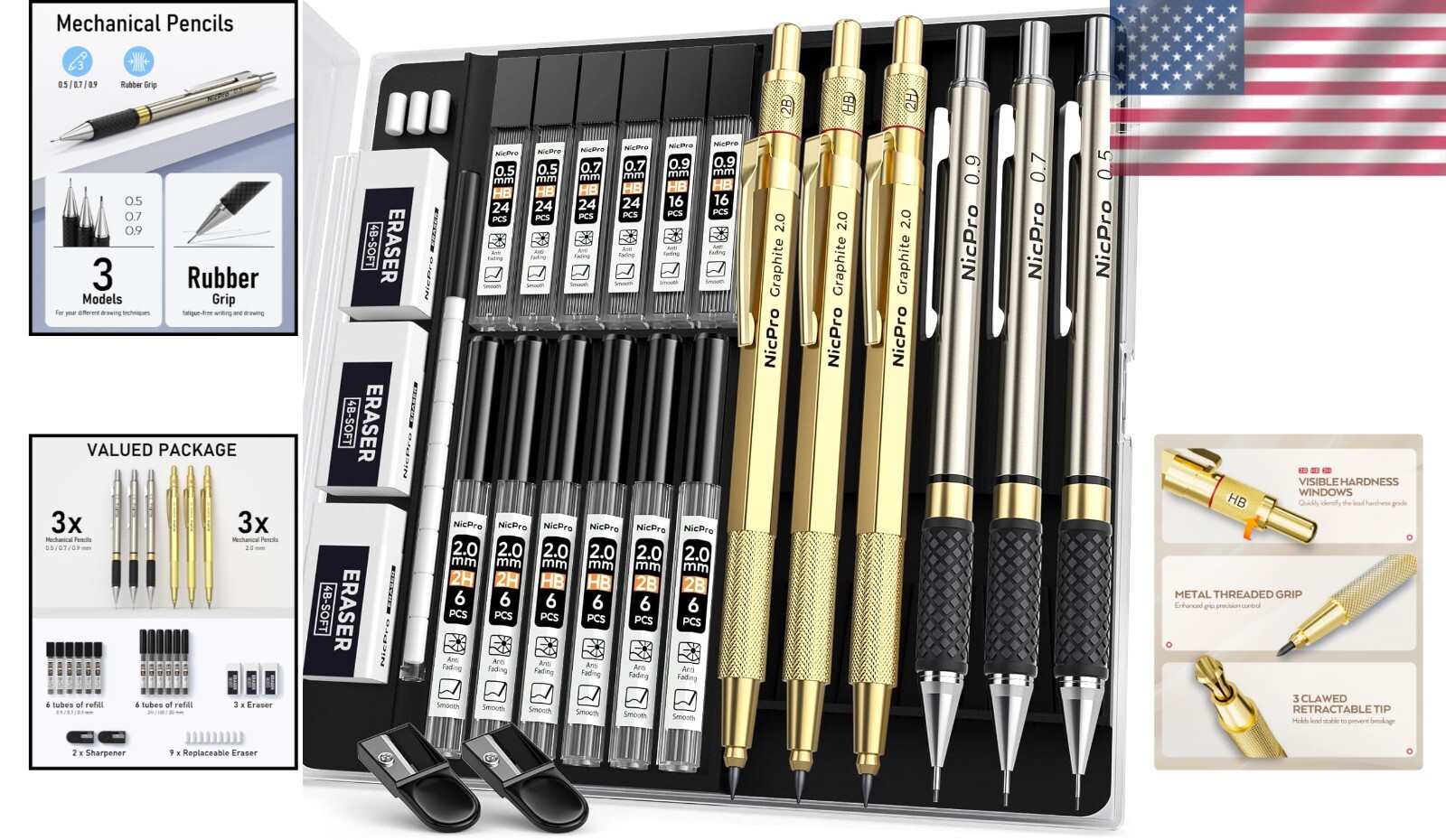 Mechanical Pencil Set Metal 0.5mm 0.7mm 0.9mm 2mm Lead Holder Drafting Drawing