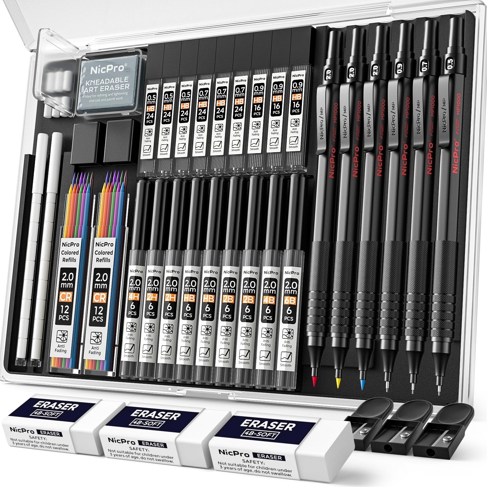35PCS Mechanical Pencils Set with Case – 0.5, 0.7, 0.9mm & 2mm Graphite Lead Hol