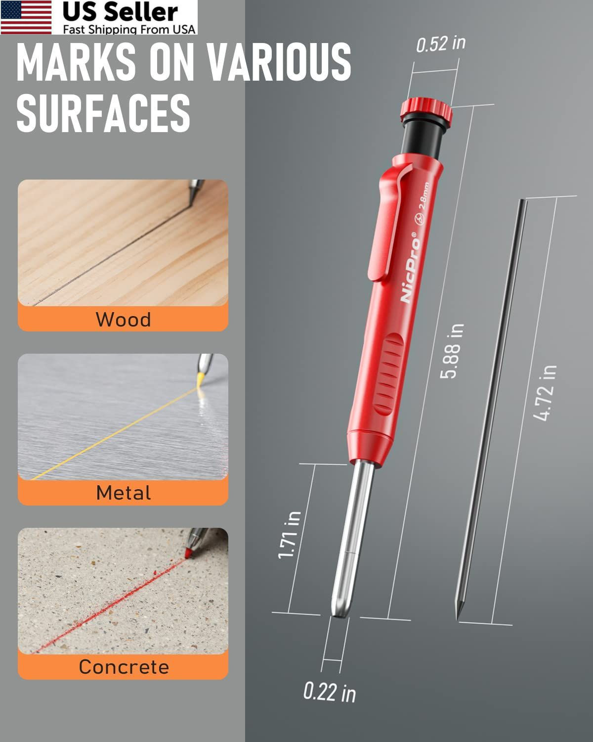 Nicpro Carpenter Pencil with Sharpener, Mechanical Pencils 2 Pack, Black,Red