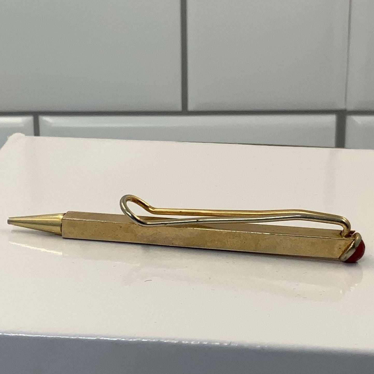 Vintage Hexagonal Tie Clip Mechanical Pencil Gold Tone Red Jewel 2.75in
