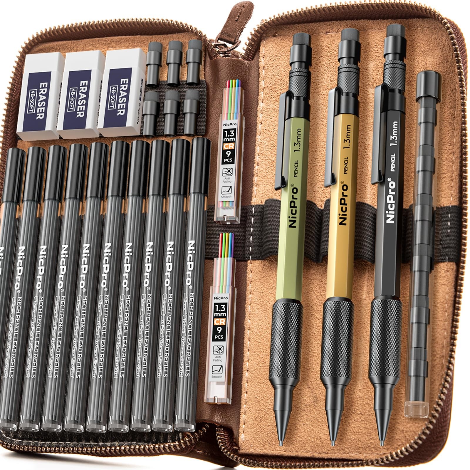 Nicpro 21PCS 1.3 mm Mechanical Pencil Set in Leather Bag with 138 Multicolor