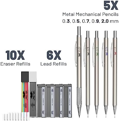 Mr. Pen- Metal Mechanical Pencil Set with Lead and Eraser Refills, 5 Sizes | 0.3
