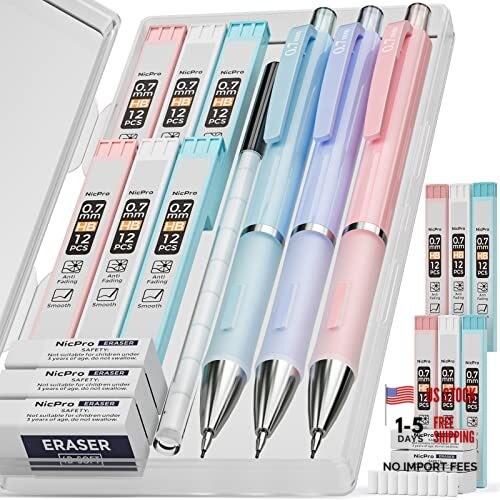 3PCS Cute Mechanical Pencil Set with Case, 0.7 mm Pencils with 3 Pack (0.7mm)