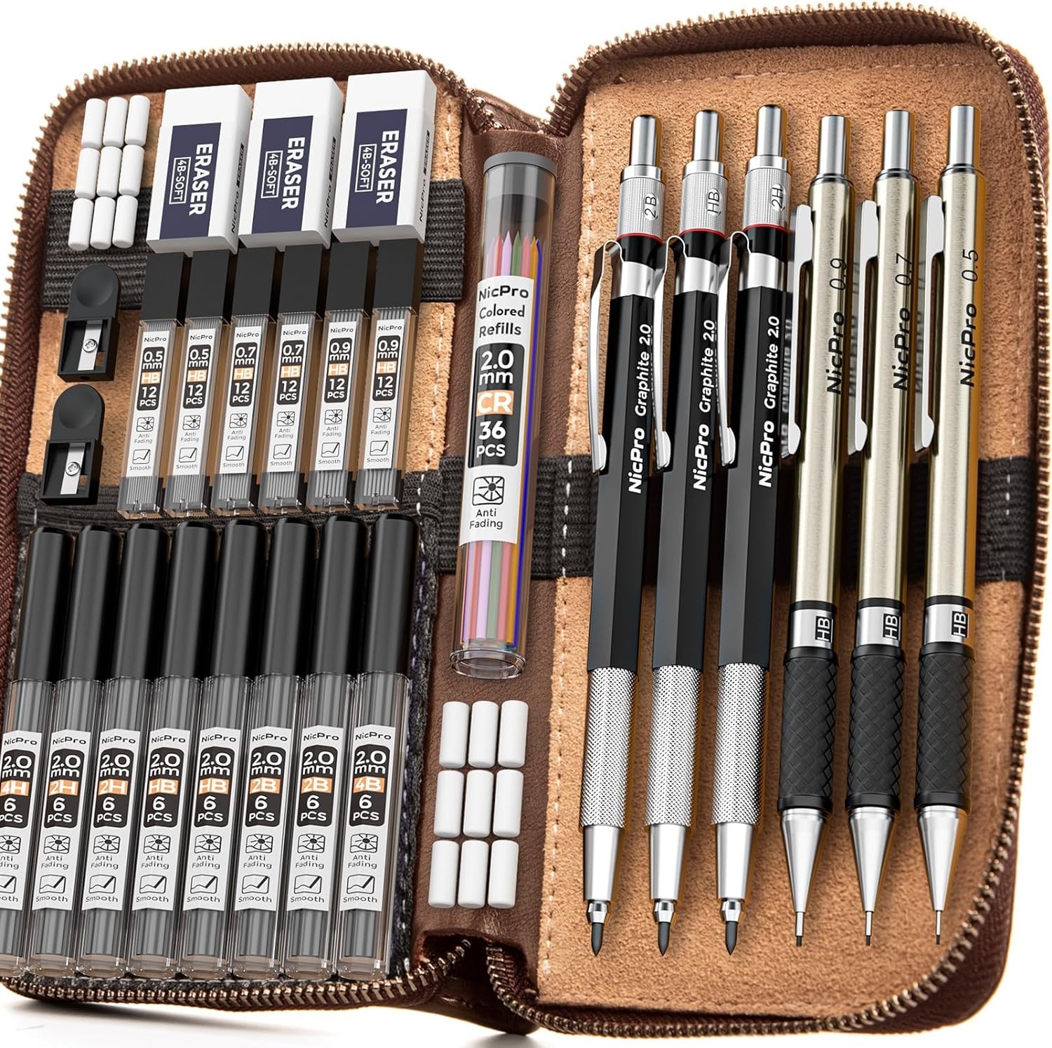 Ergonomic Mechanical Pencil Set – 30PCS with Lead Refills & Leather Storage Case