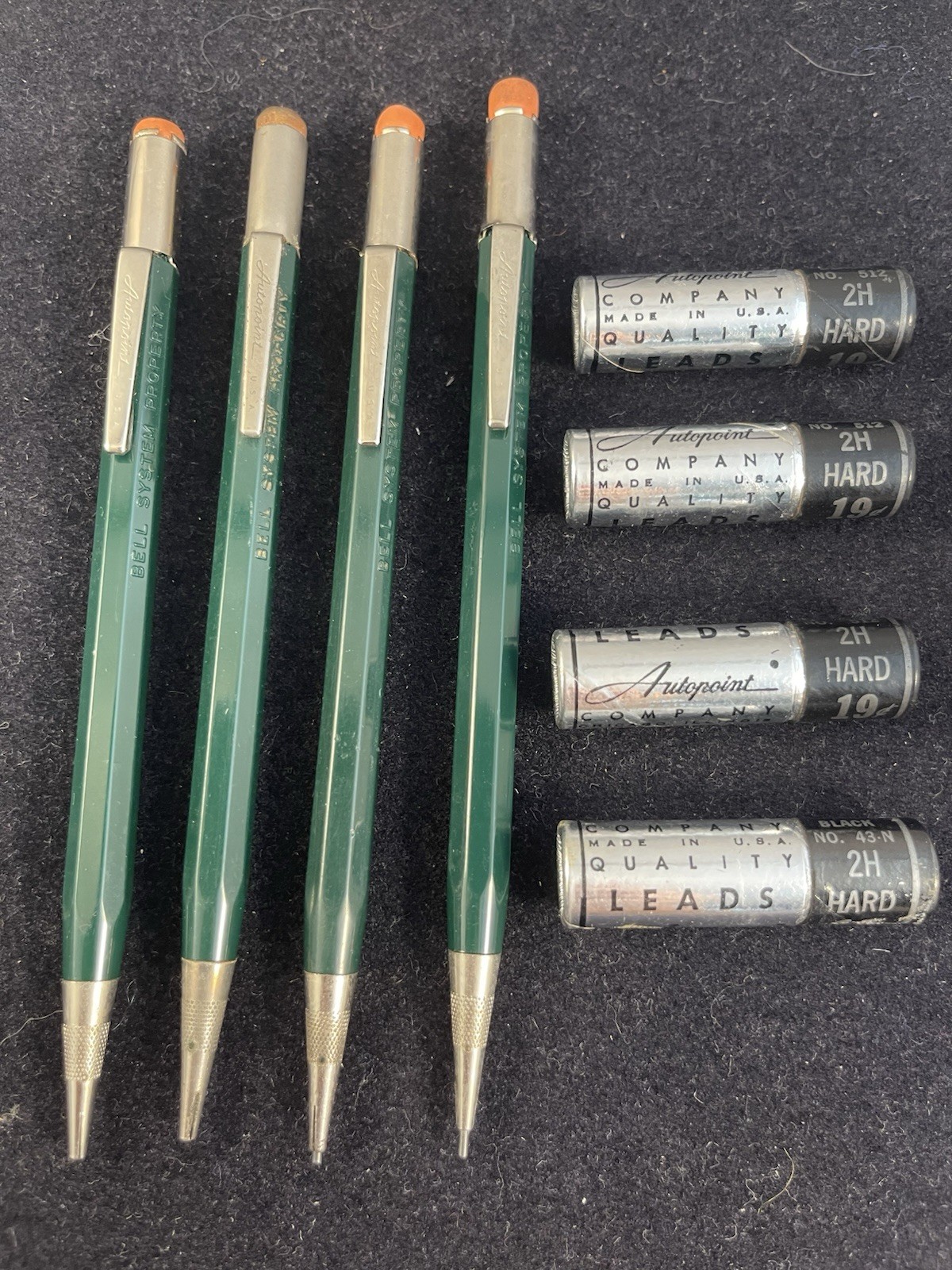(4) Vintage 1960s Autopoint Green Mechanical 2H Pencil “Bell System Pro“ + Leads