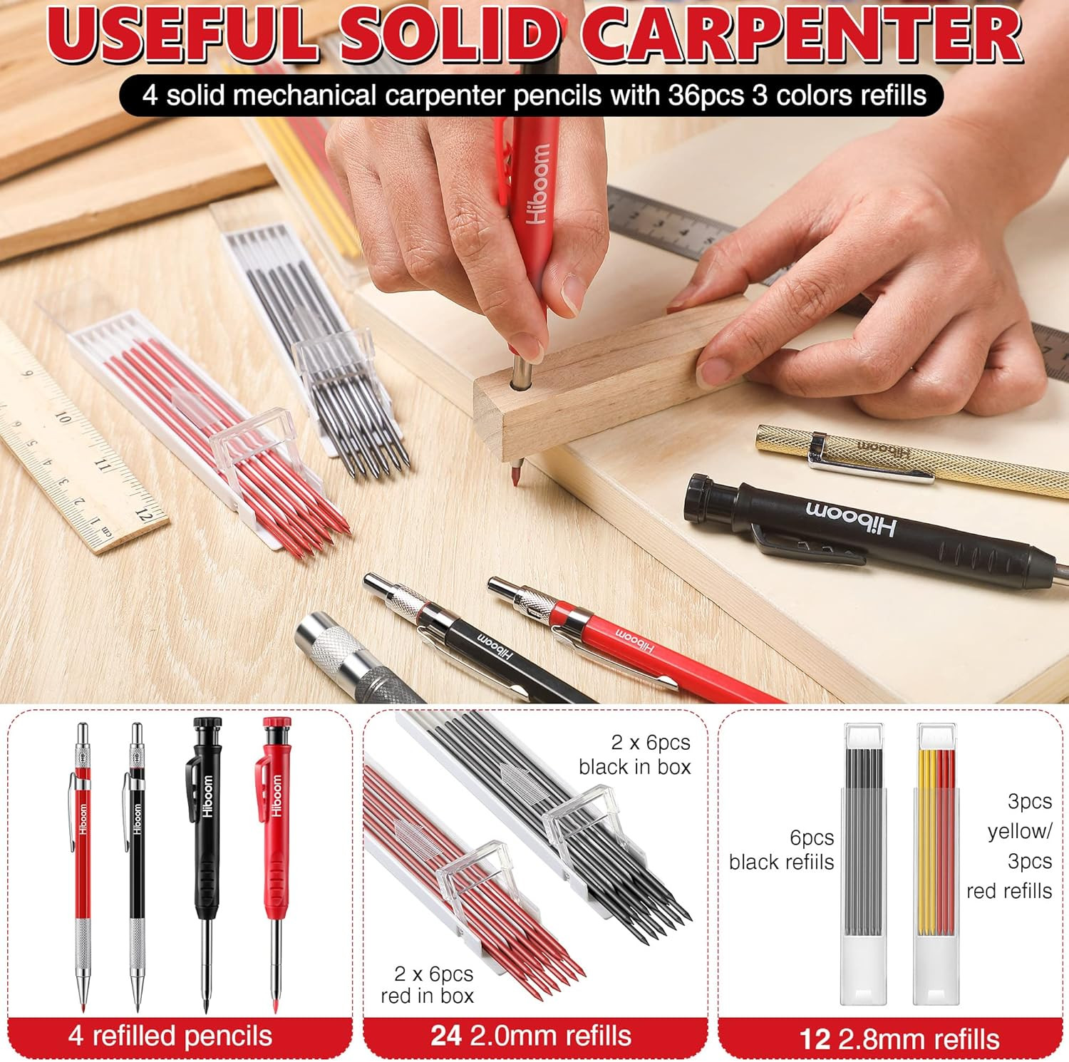 Hiboom 10 Pack Mechanical Carpenter Pencils Set with Sharpener & 36Pcs 2.8Mm Ref