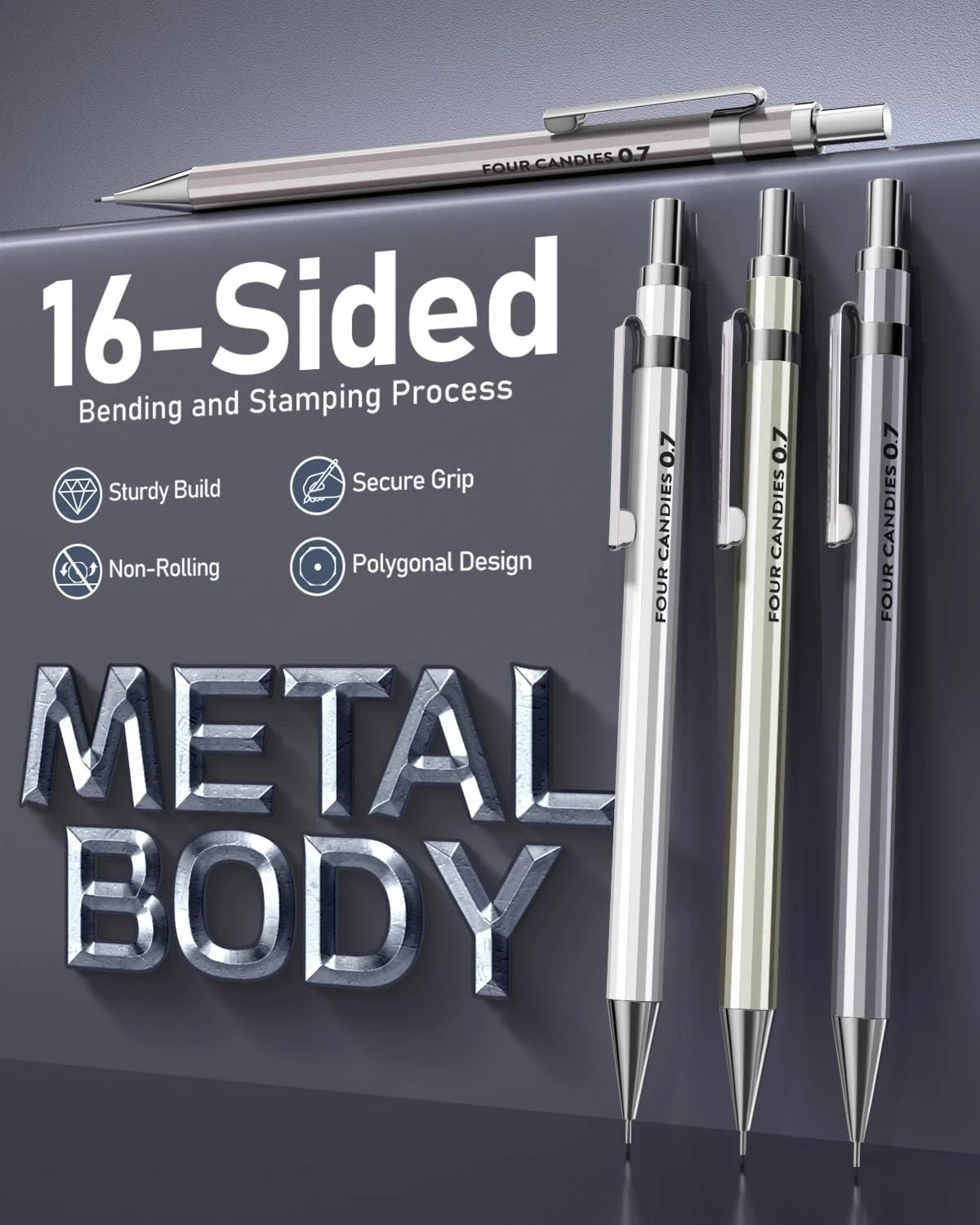 Four Candies 0.7mm Mechanical Pencil Set with Case – 4PCS Metal Mechanical