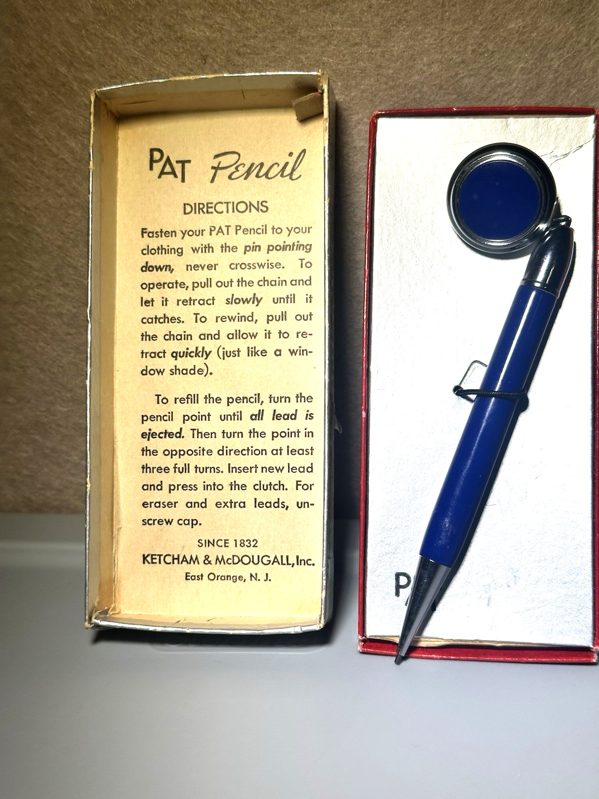 VTG Ketcham and McDougall Blue & Chrome PAT Retractable Lead Pencil in ugly Box