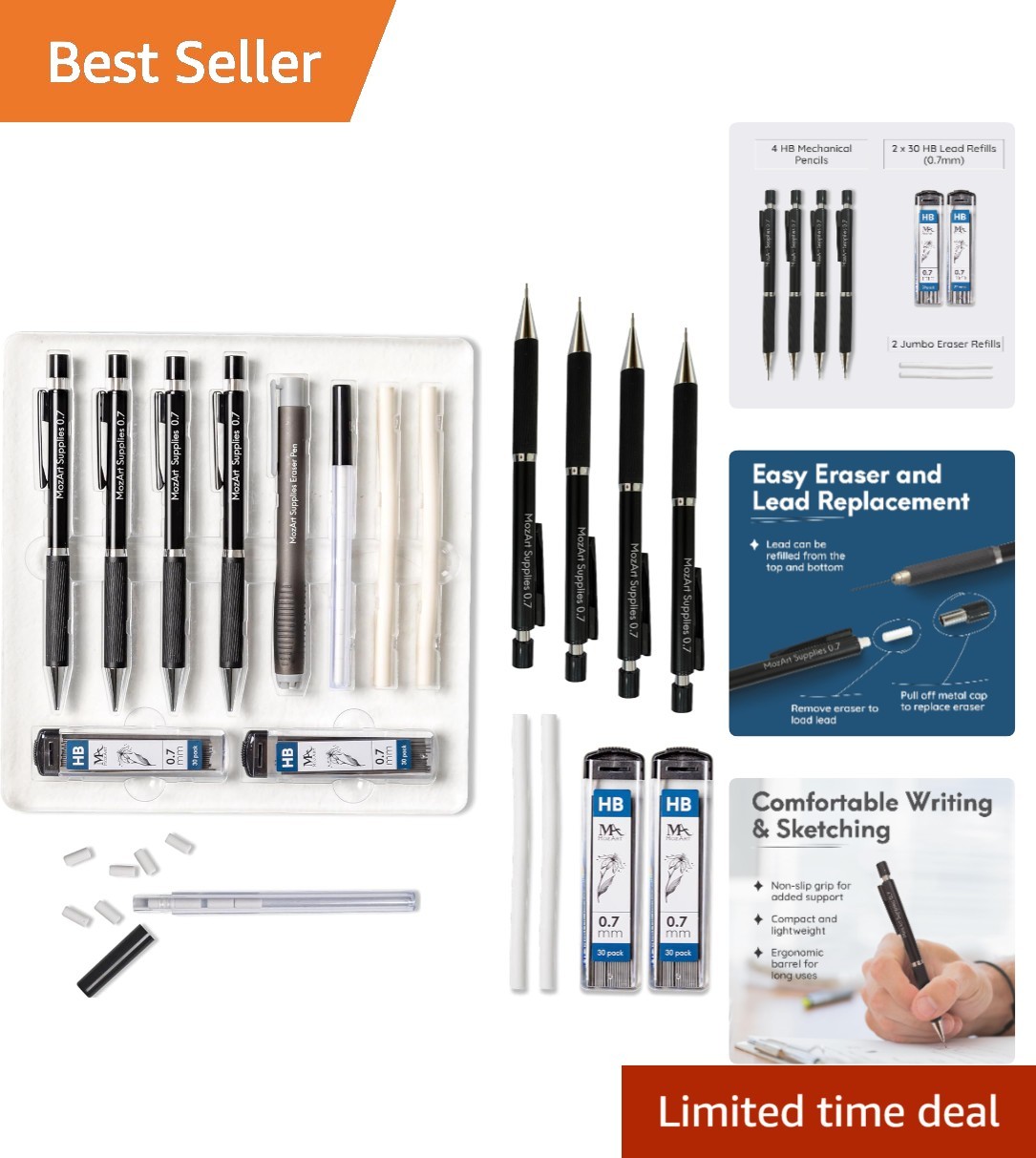 MozArt 0.7mm Mechanical Pencil Set with Case and Refills for Artwork