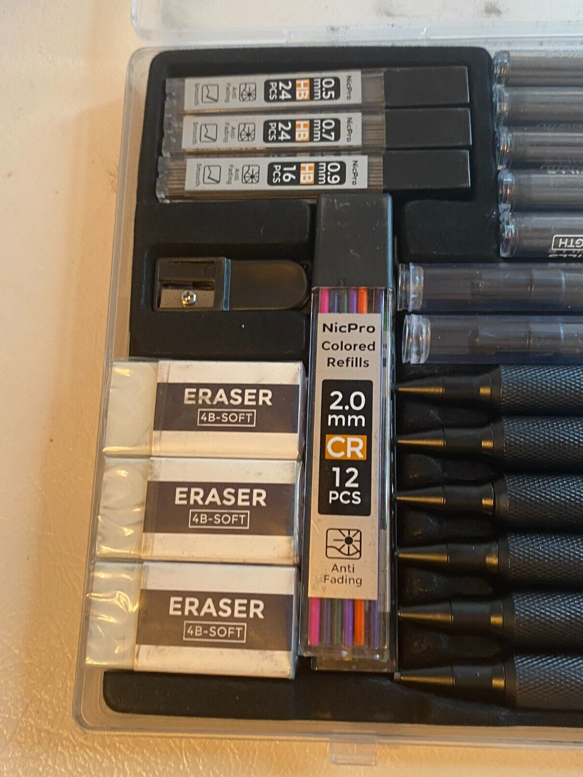 NEW nicpro mechanical pencil set of 6 w/ leads, eraser, sharpener. 25 piece set