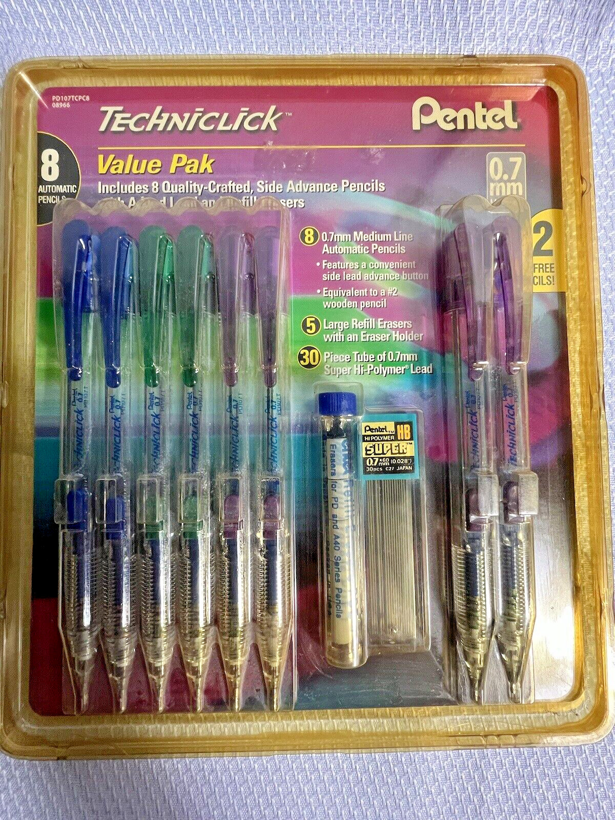 8 Pack Pentel Techniclick 0.7mm Mechanical Pencils PD107T Lead Erasers