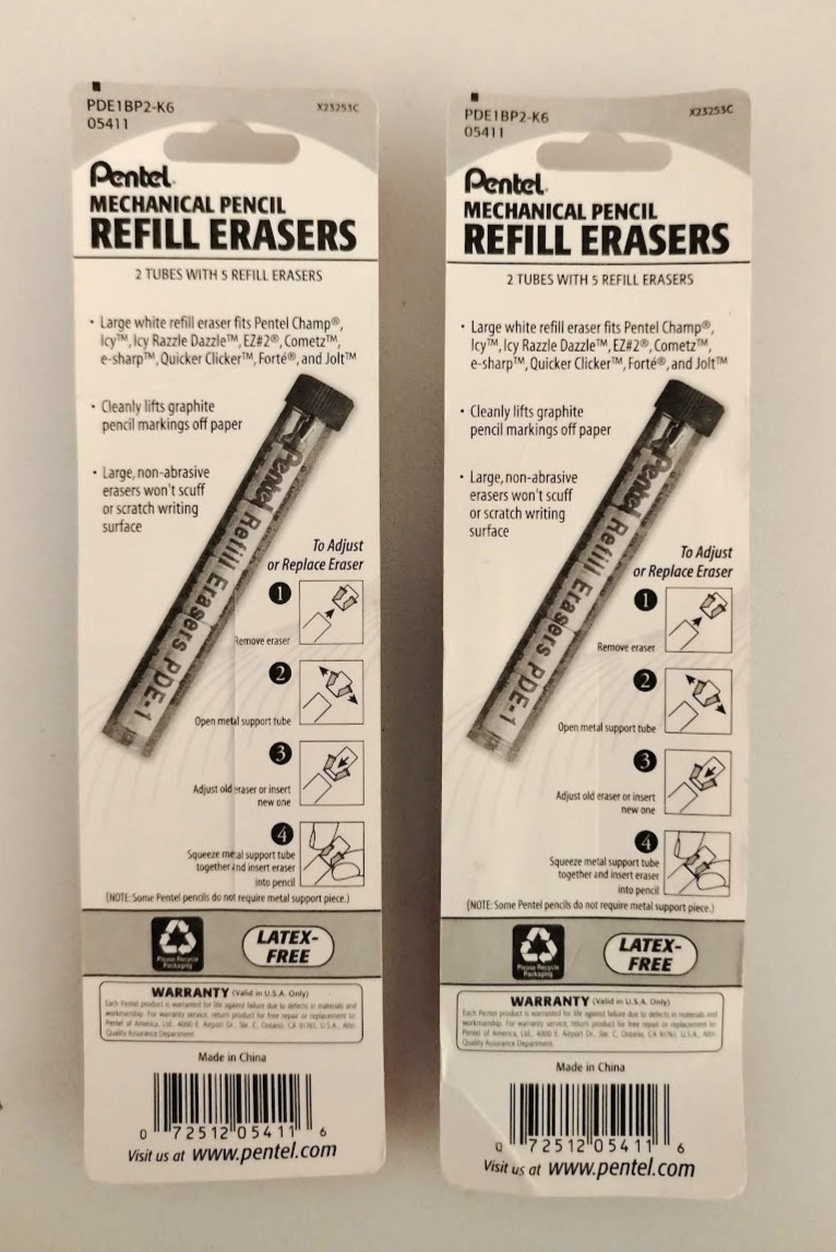 Pentel Refill Eraser for Mechanical Pencils White 4 Tubes 5 Erasers per Tube