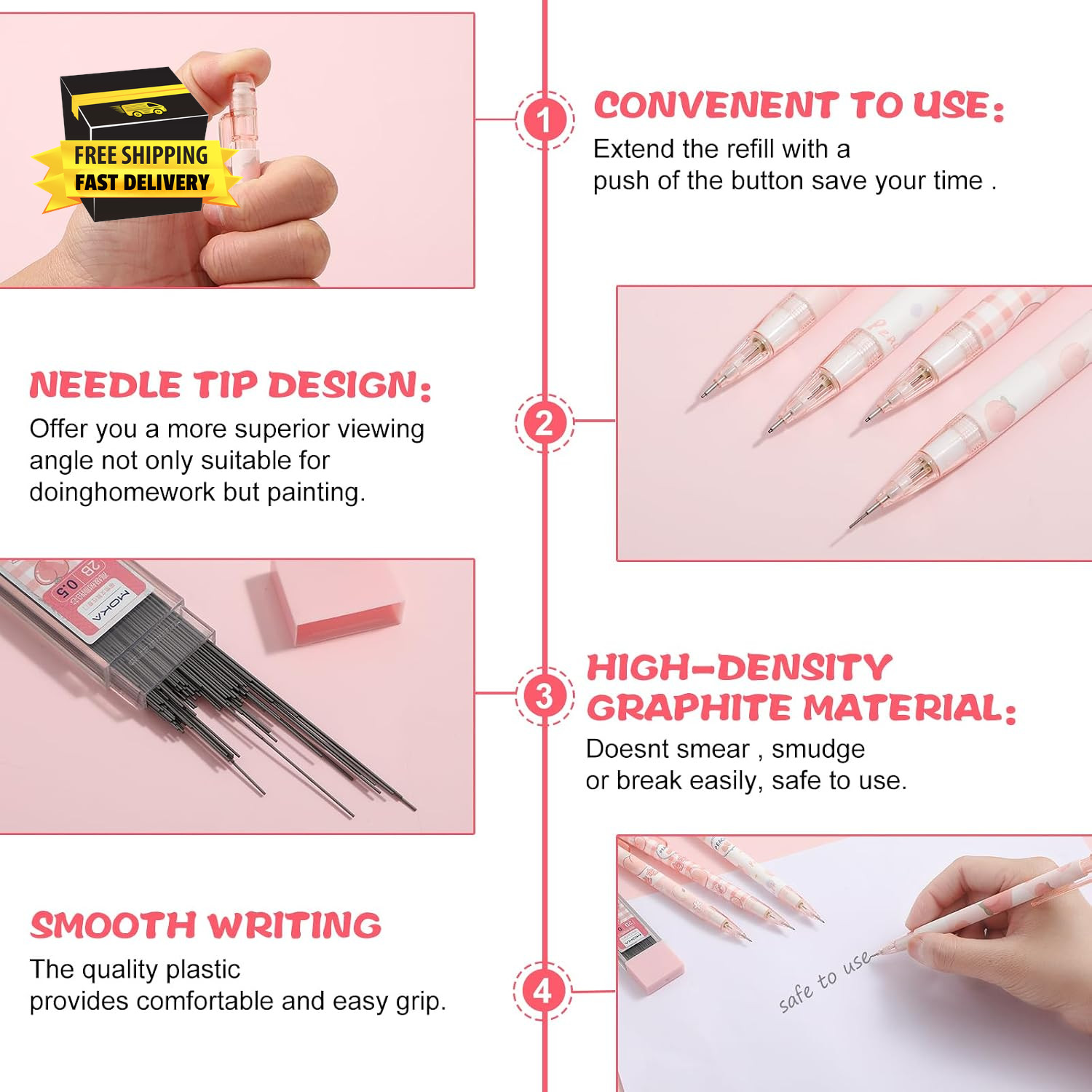 Cute Mechanical Pencil Set, 4 Pcs 0.5Mm Kawaii Mechanical Pencils with 1 Tubes H