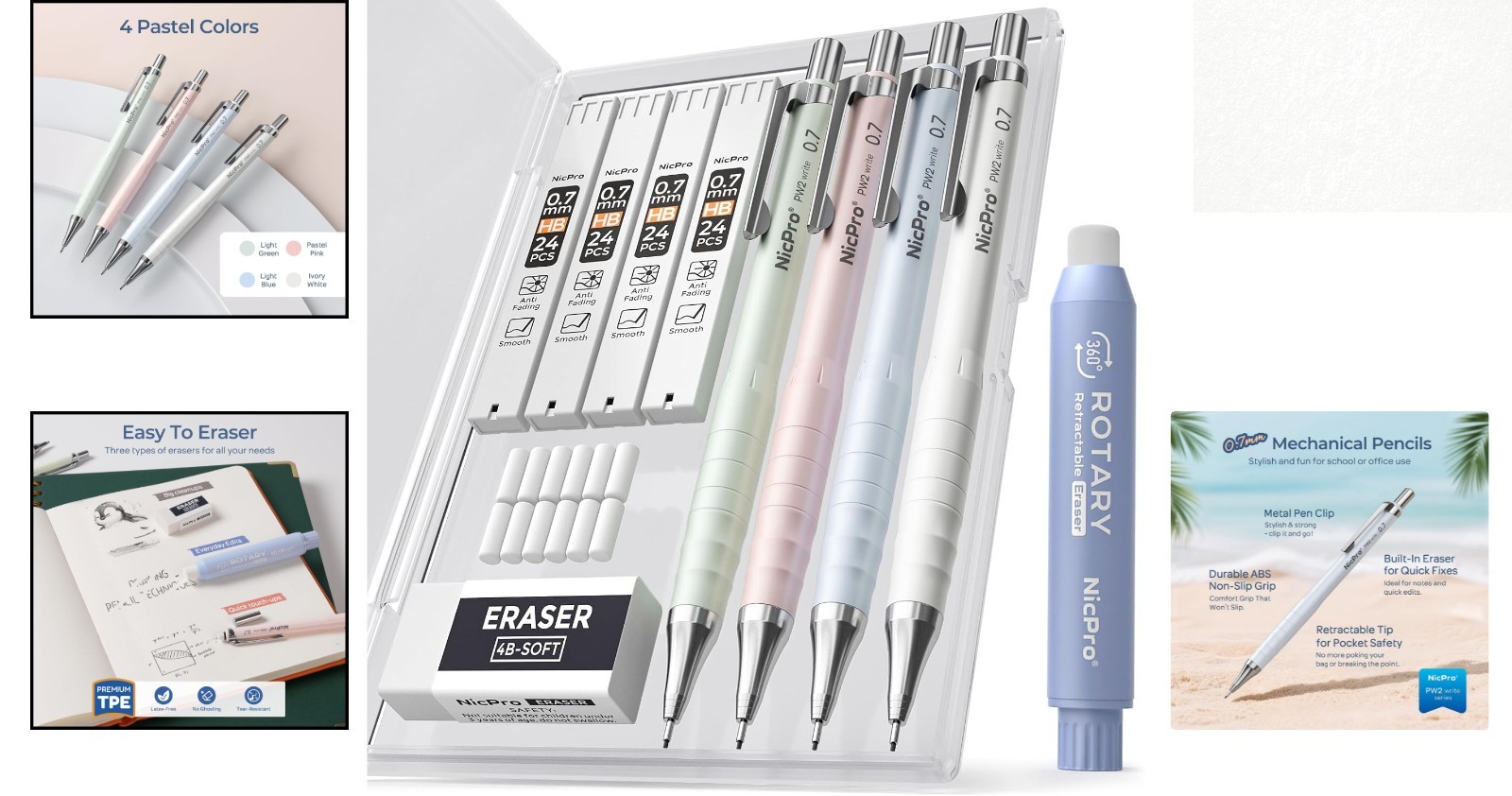 All-in-One Aesthetic 4PCS Mechanical Pencils, Lead Refills & Erasers for School