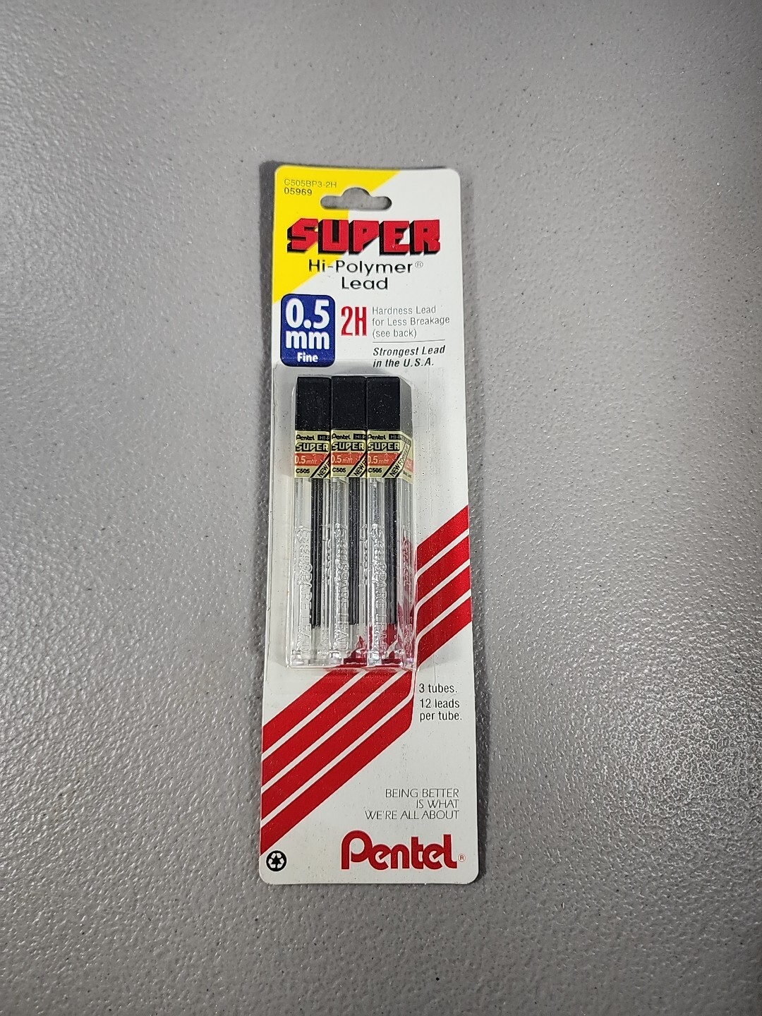 Pentel Super Hi Polymer Fine Mechanical Pencil Leads 0.5 mm 2H 3 Tubes Total 36