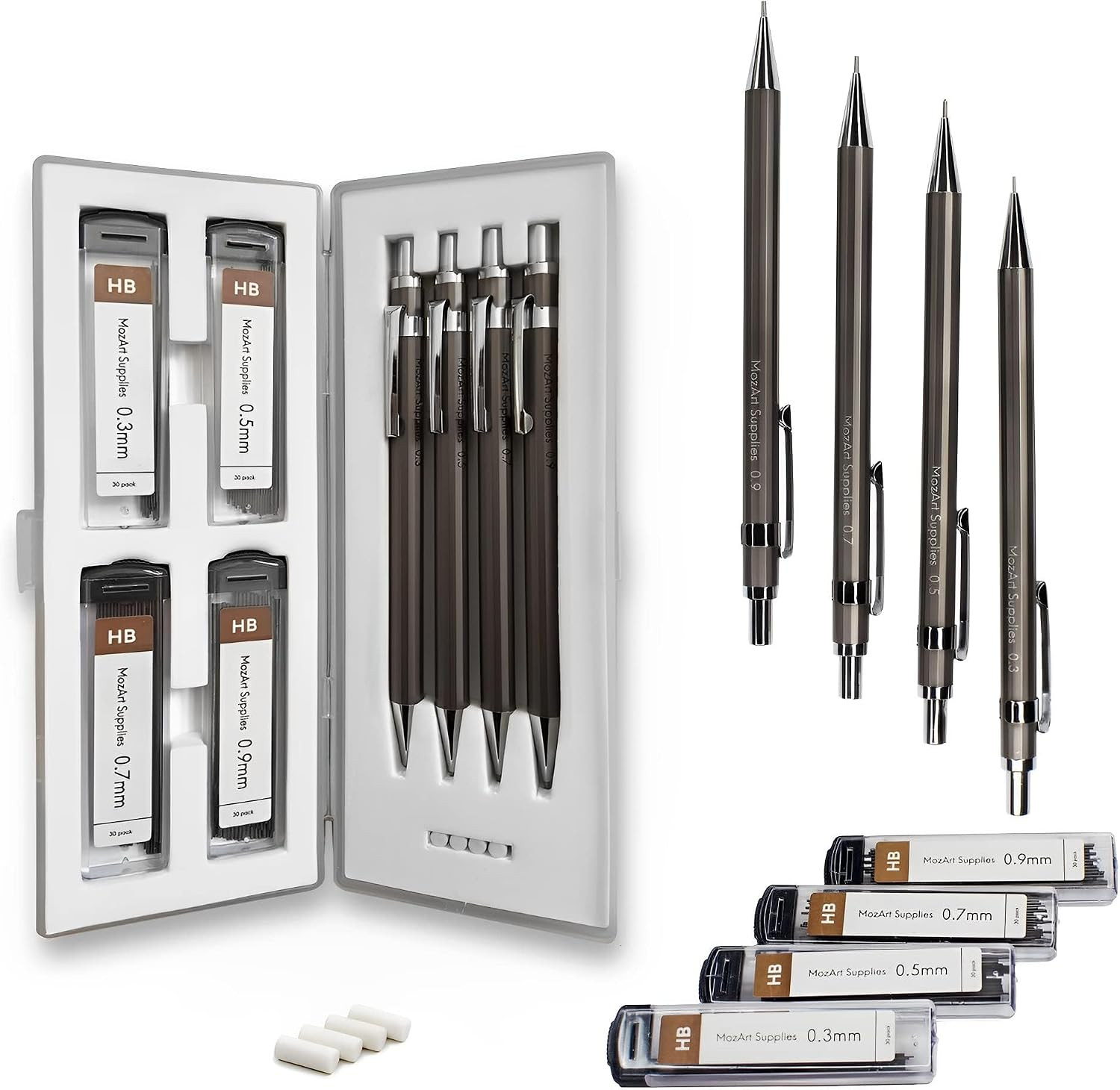 Mozart Supplies Mechanical Pencil Set with Case – 4 Sizes: 0.3, 0.5, 0.7 & 0.9Mm