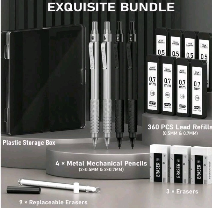 4PCS Metal Mechanical Pencils Set with Case, 0.5mm & 0.7 mm Artist Pencil with 8