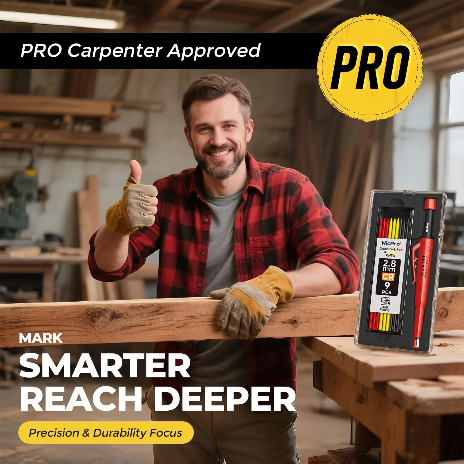 Nicpro Carpenter Pencil with Sharpener, CP3000 Black Red
