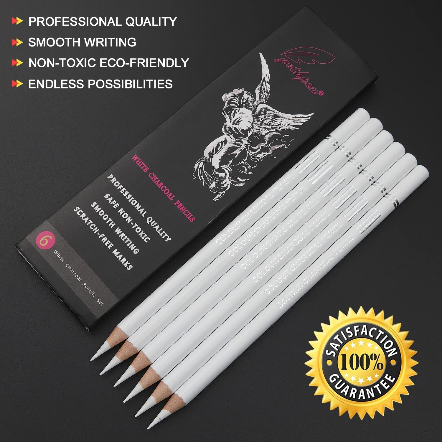 GETHPEN Professional White Charcoal Pencils Set – 6 Count (Pack of 1),