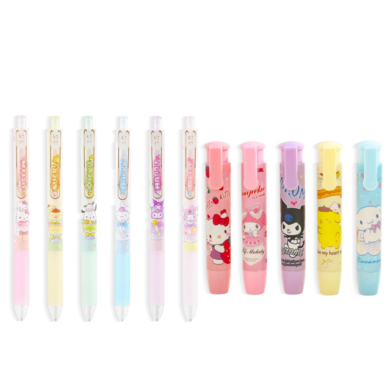 6 Pcs Cute Mechanical Pencils & 5 Pcs Retractable Erasers, Cartoon Stationery Se