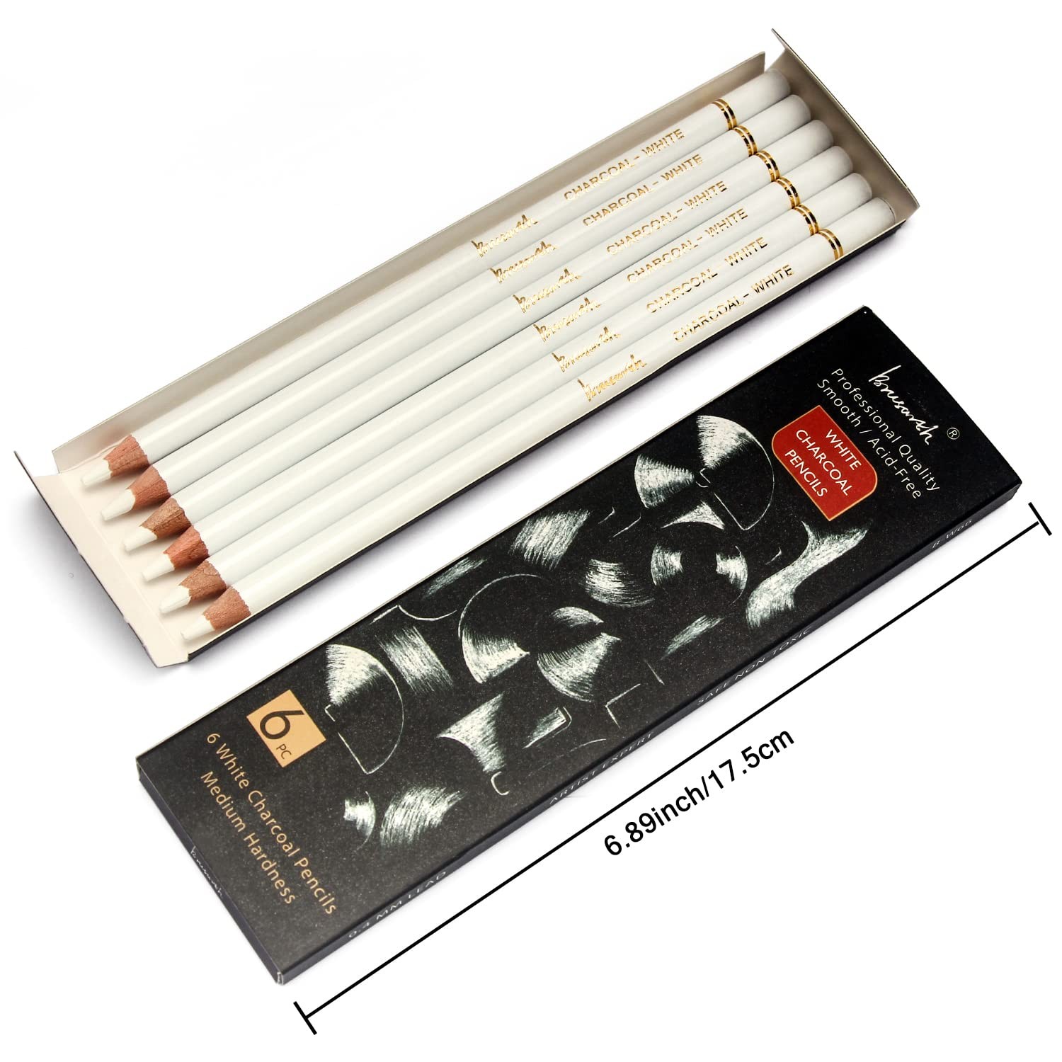 Brusarth White Charcoal Pencils Drawing Set, Professional 6-Piece