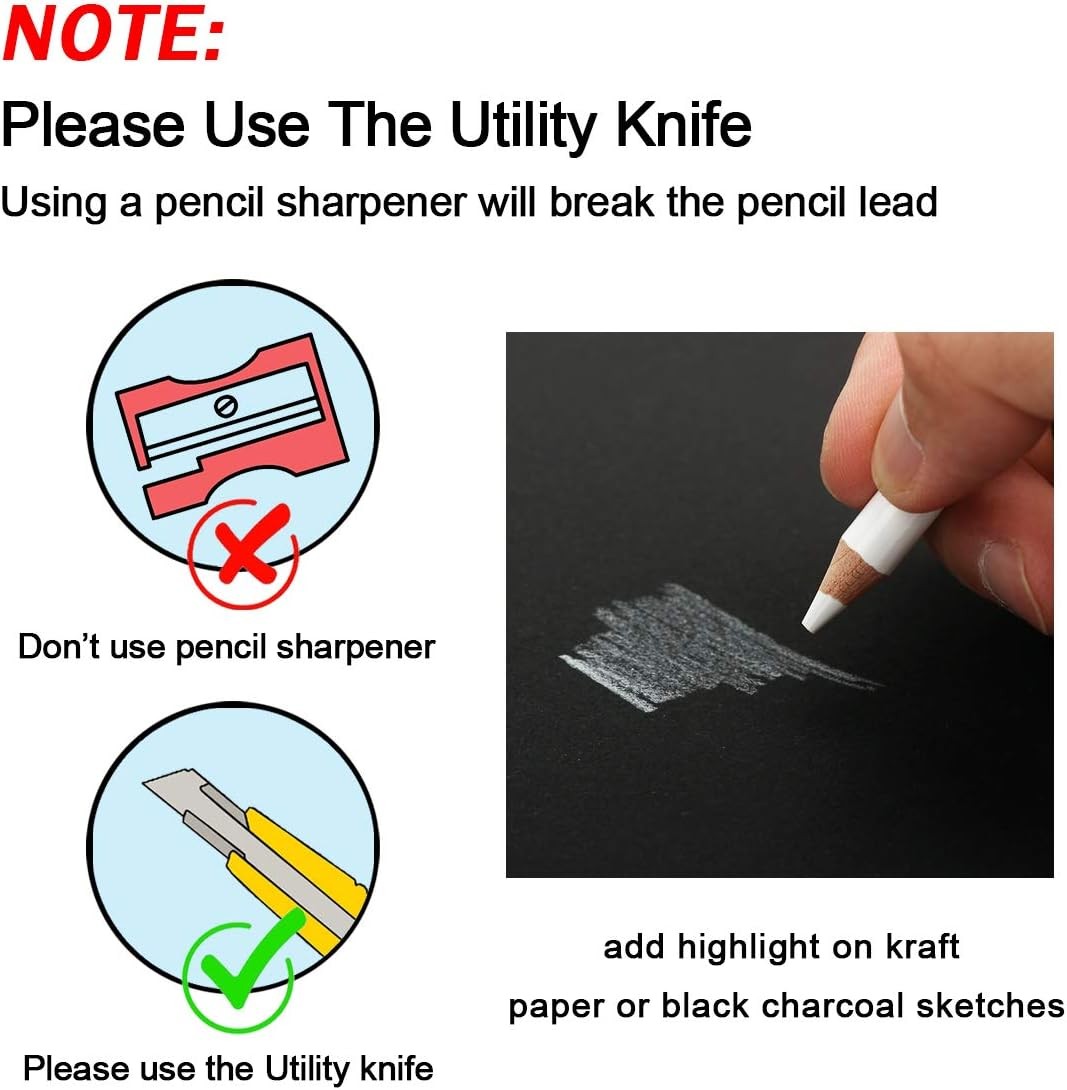 White Charcoal Pencils Drawing Set, Professional 6-Piece Sketch,