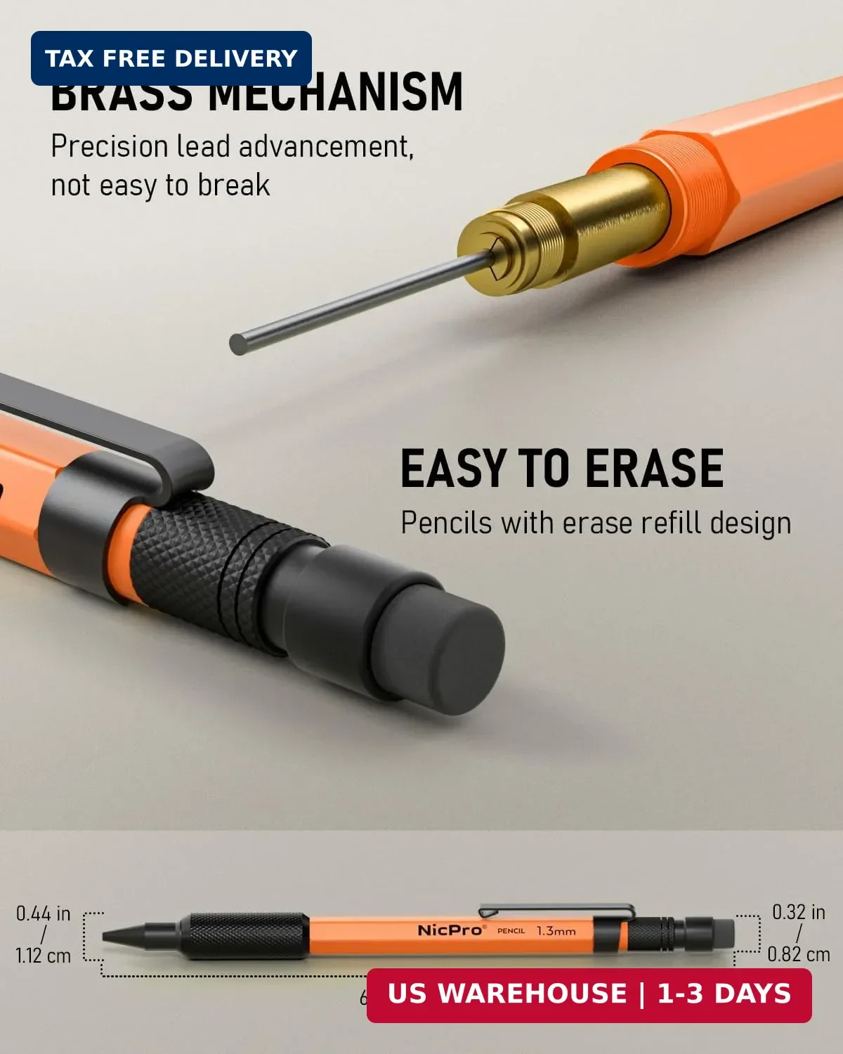 Nicpro 3 PCS 1.3 mm Orange Mechanical Pencils Set with 66 Lead Refill, 3 Eraser
